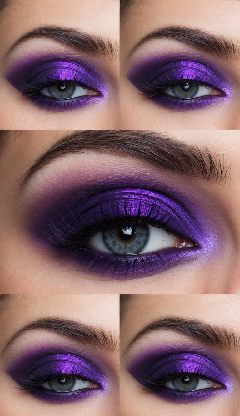 A close-up of a vibrant electric violet smokey eye with various shades of purple eyeshadow creating a captivating and dramatic look