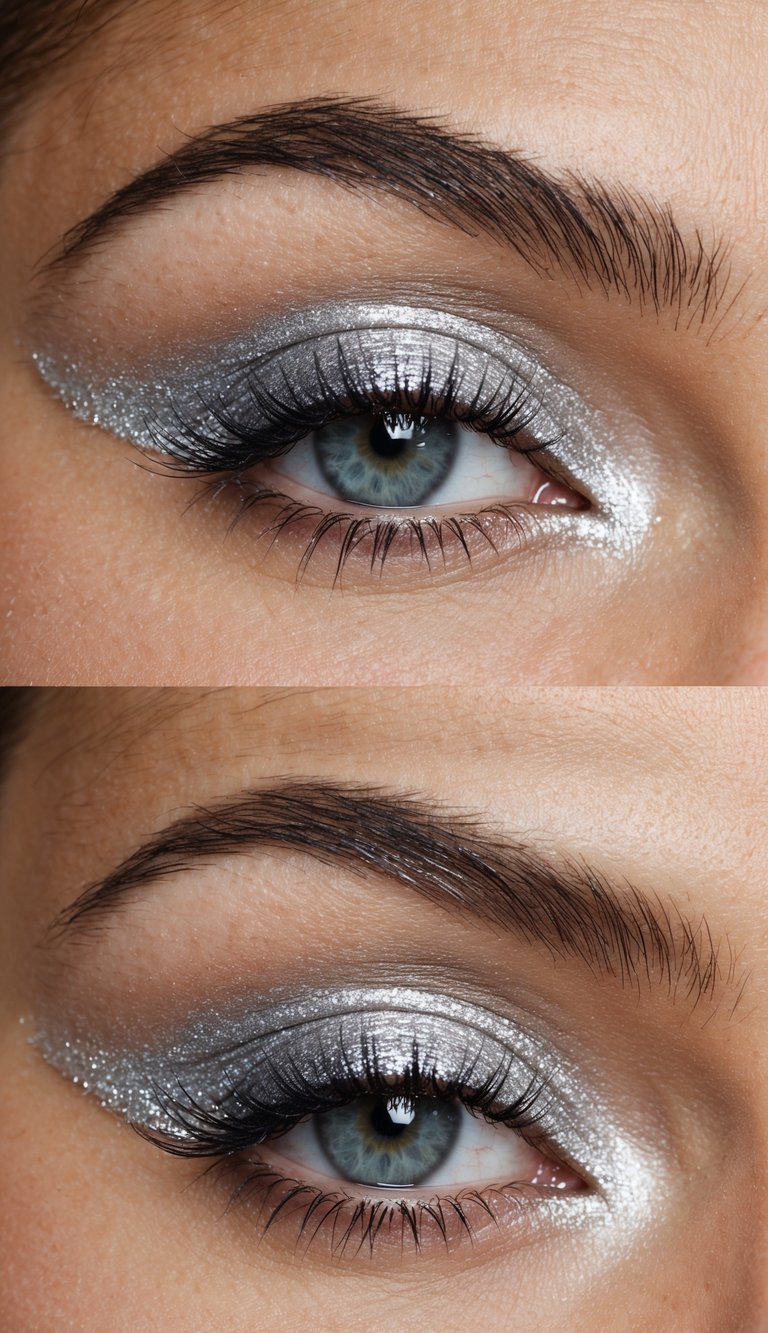 The shimmering silver eyeshadow is delicately applied, creating a halo effect around the eyes