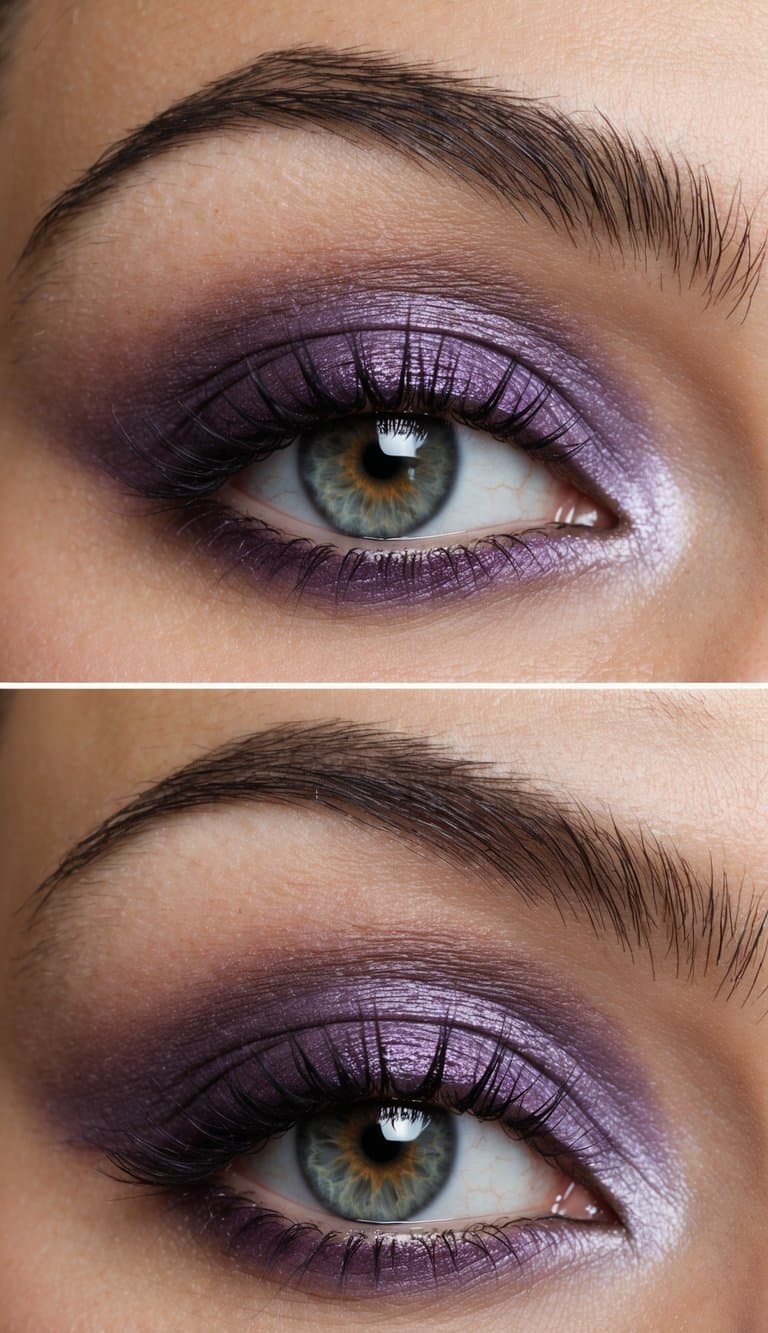 A close-up of a pair of eyelids with a gradient of mauve and purple eye shadow, creating a captivating ombre blend