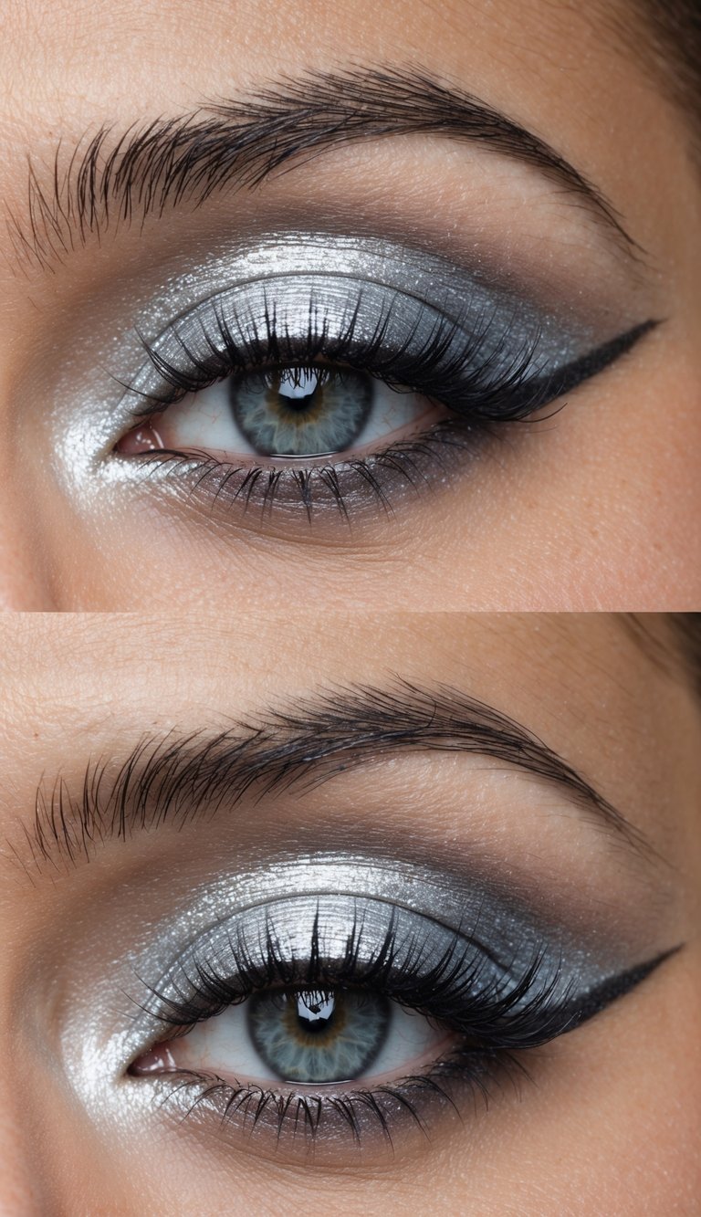 A close-up of a frosted silver cut crease eye makeup look with metallic shimmer and cool tones
