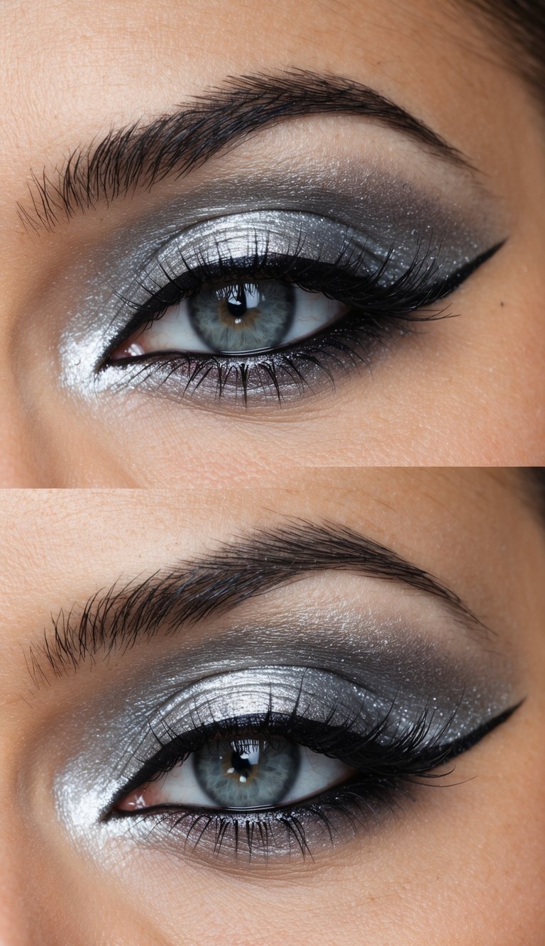 A close-up of a metallic silver smokey eye makeup look, with shimmering silver eyeshadow and defined eyeliner, creating a chic and glamorous effect