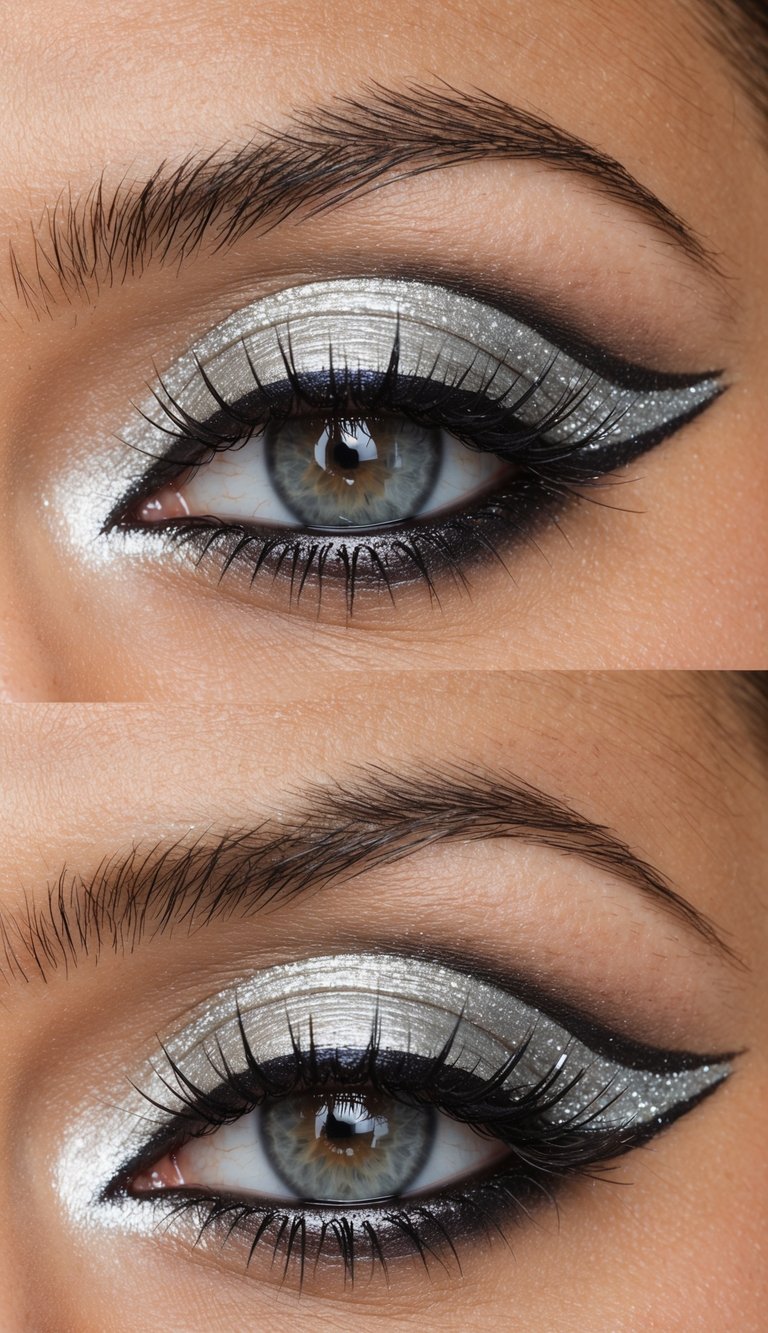 A close-up of a silver-winged eyeliner look with metallic shadows and shimmering highlights