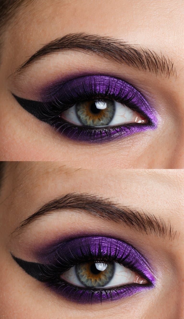 A close-up of a striking eye with deep violet underliner and captivating purple eyeshadow