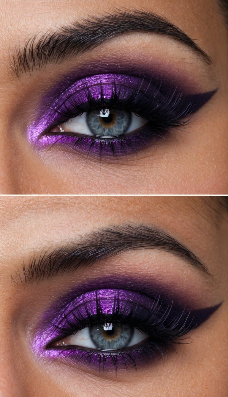 A regal, royal purple smokey winged eye makeup look with captivating shades of purple and a mesmerizing, enchanting effect