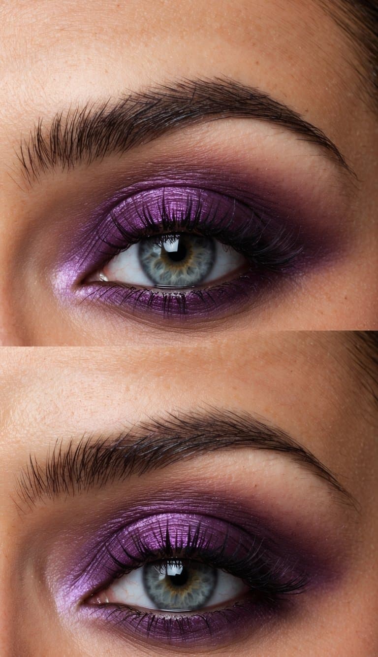 A close-up of a deep plum inner corner highlight on a purple eye makeup look