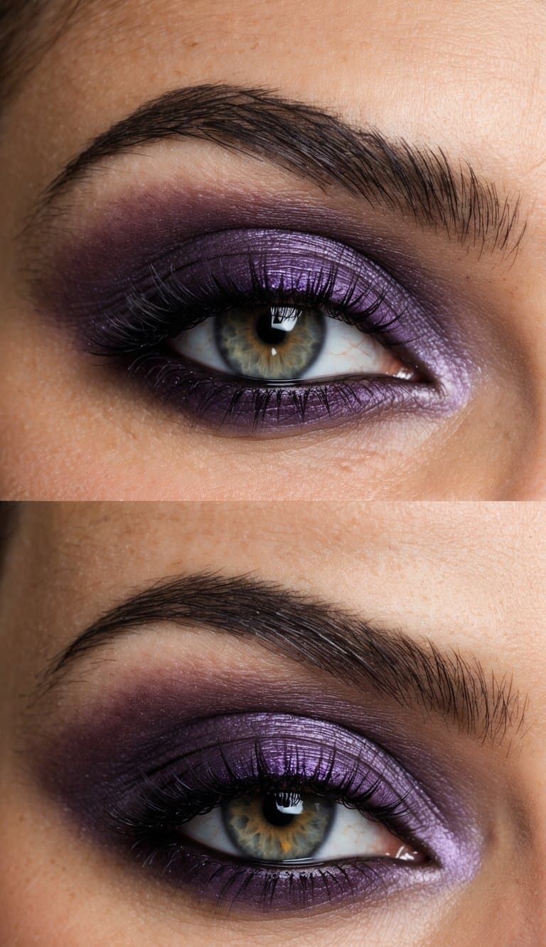 A close-up of an eggplant monochrome eye makeup look with various shades of purple, creating a captivating and alluring effect