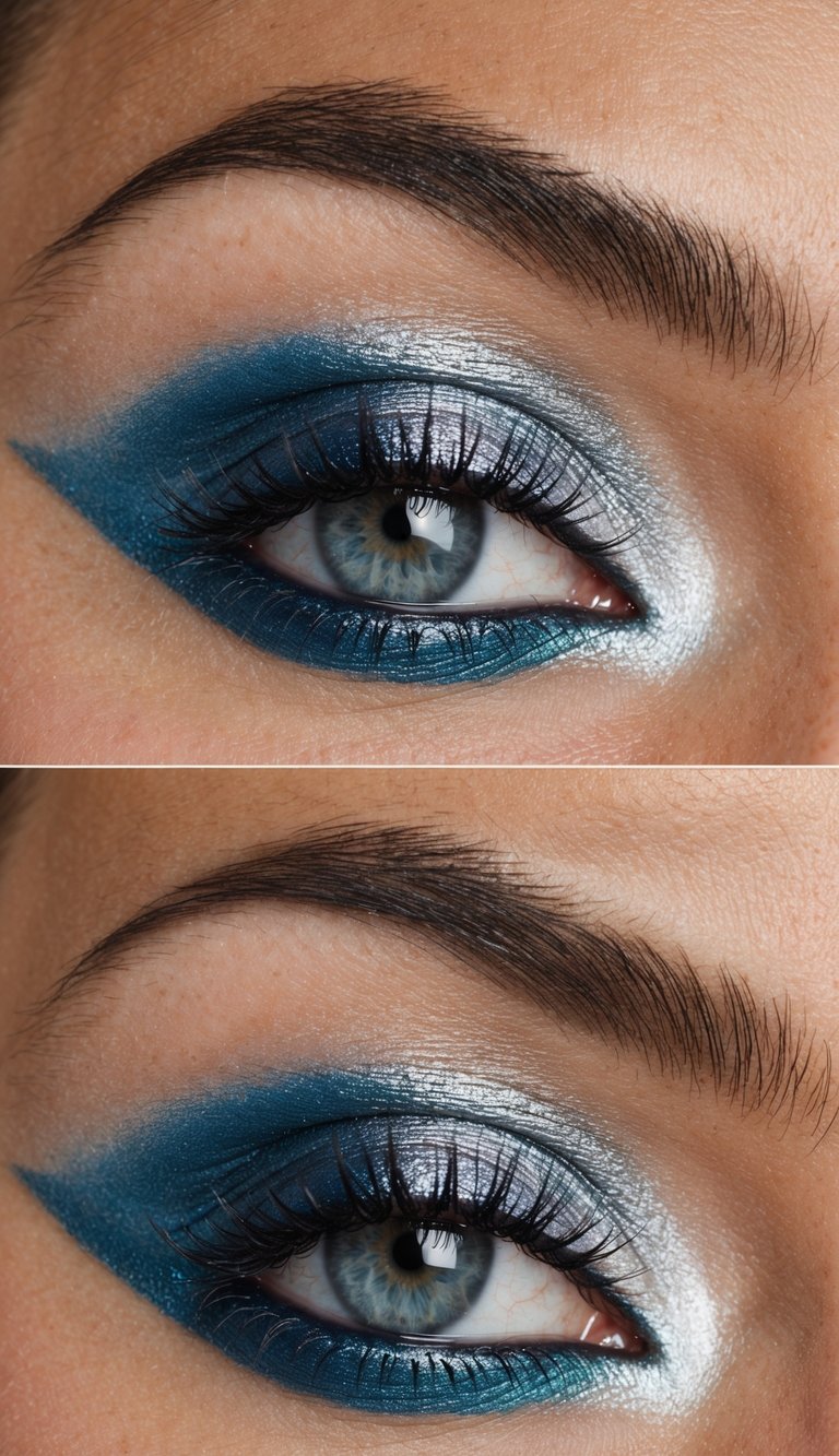 A close-up of a silver and blue ombre eye makeup look with metallic shimmer