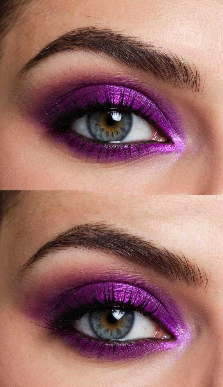 A close-up of a fuchsia to violet gradient eye makeup look with captivating purple shades