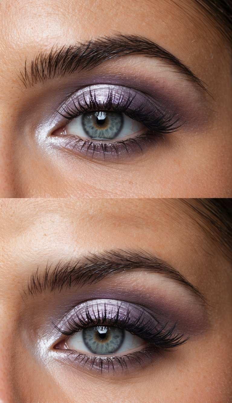 A close-up of a silver and lavender eye makeup look with metallic shimmer
