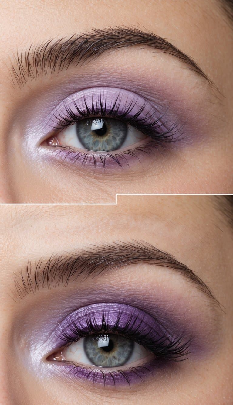 A close-up of an eye with pastel lilac wash and various shades of purple eye makeup, creating a captivating and alluring look