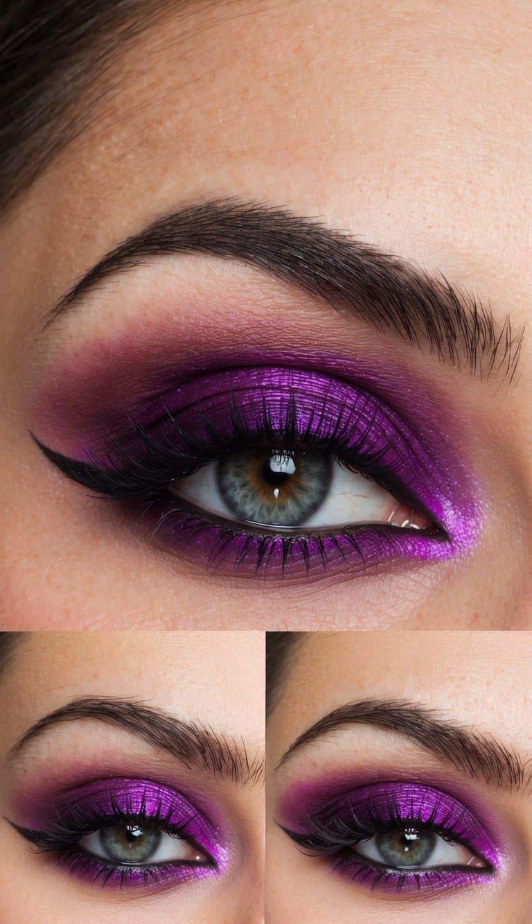 A close-up of a vivid magenta flicked eye makeup look with various shades of purple, creating a captivating and bold eye look