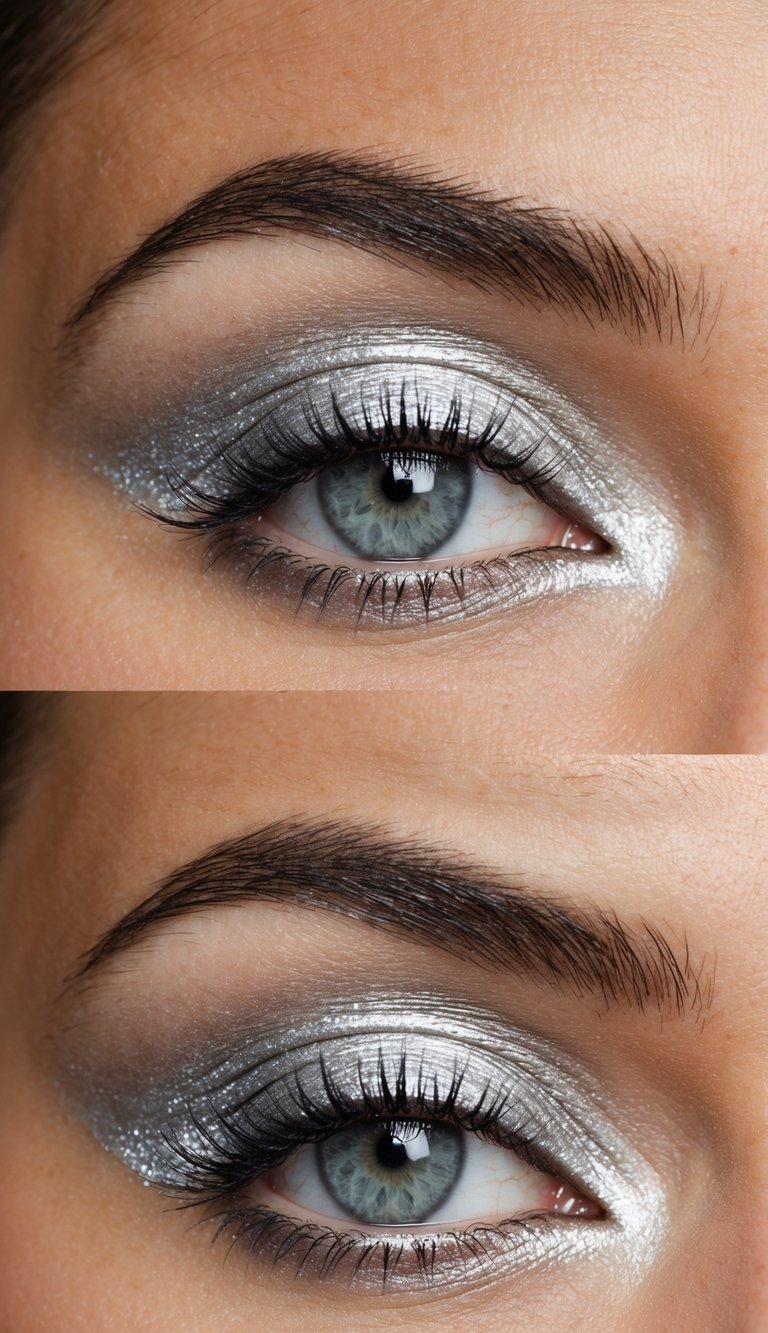 A silvery silhouette of an eye with chic metallic makeup, set against a cool background