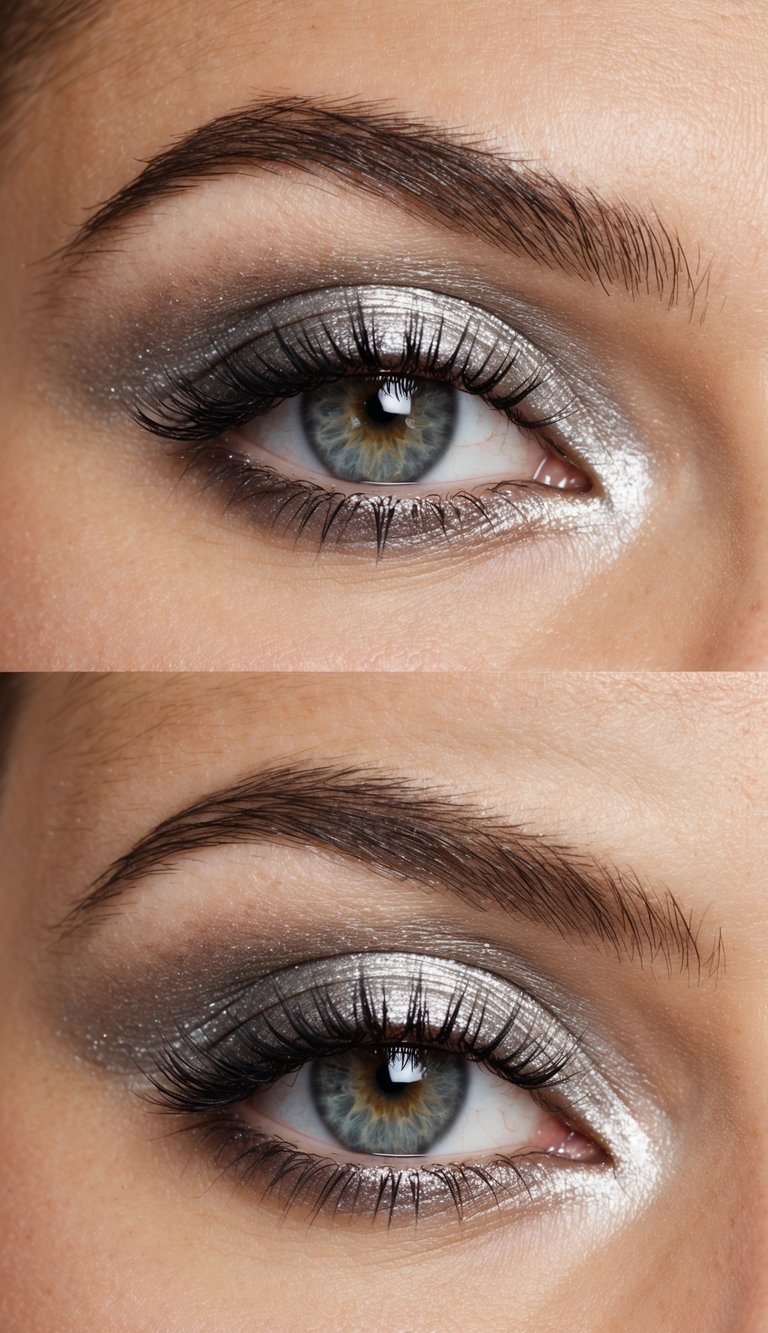 A close-up of a silver eye makeup look with metallic shimmer and a chic, modern aesthetic