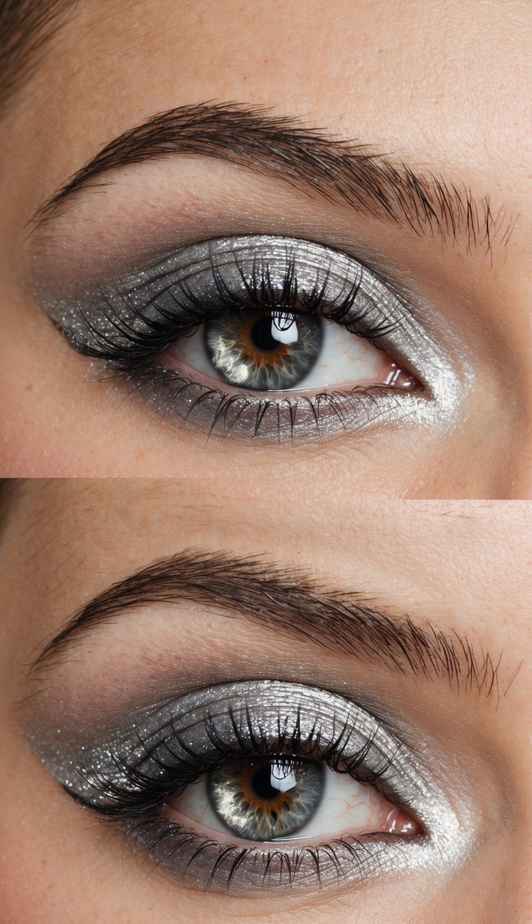 A close-up of a silver eye with metallic shimmer and watercolor effect
