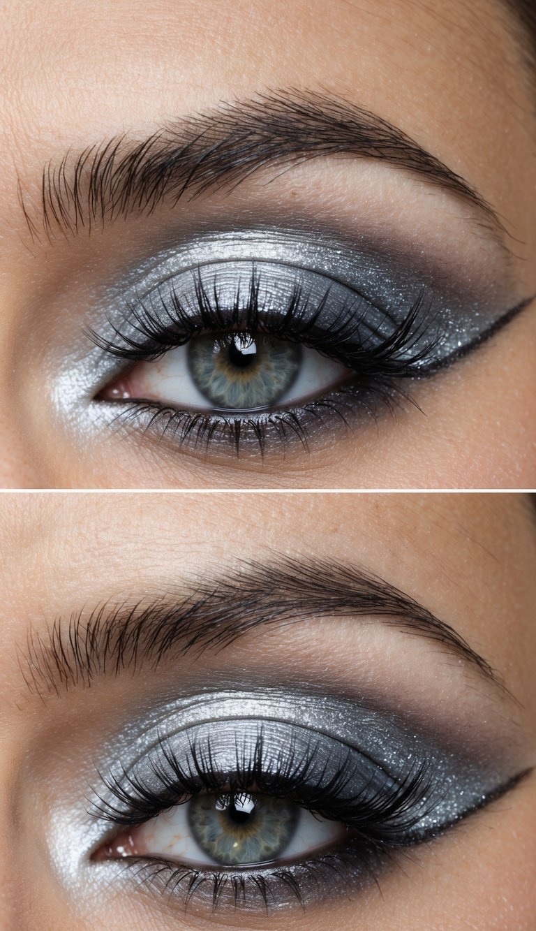 A close-up of a silvery smokey eye with a halo effect, featuring cool metallic shades and a chic, shimmering finish