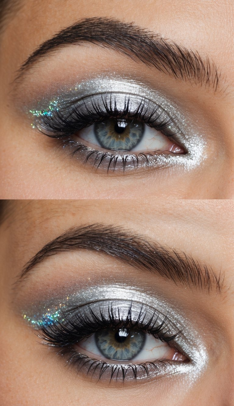 A close-up of a sleek, metallic silver eye makeup look with iridescent sparkles catching the light