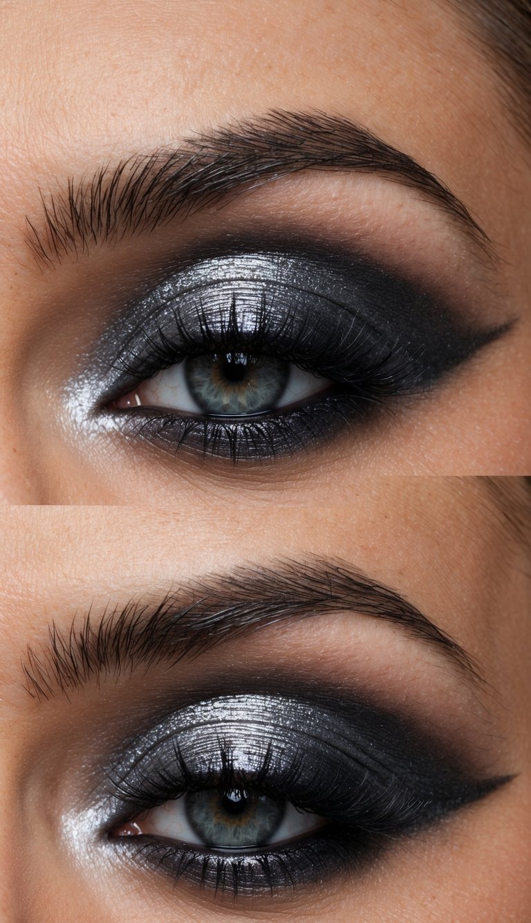 A close-up of a silver and charcoal smokey eye makeup look with shimmering metallic shades