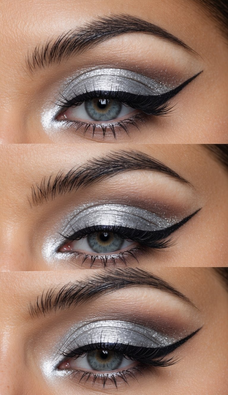A close-up of a shimmering silver eye makeup look with a high-shine finish, featuring metallic shades and a flicked eyeliner design