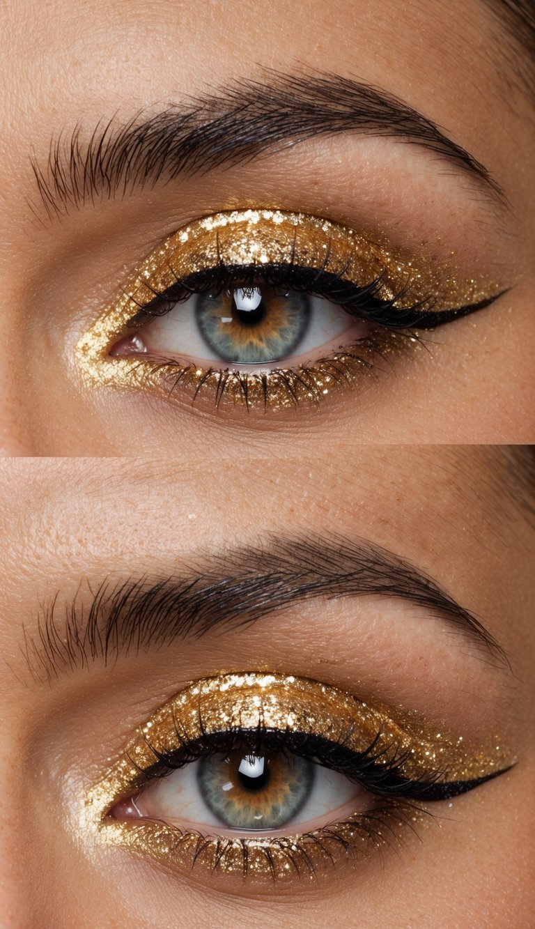 A close-up of a golden glitter eyeliner creating a shimmering eye makeup look