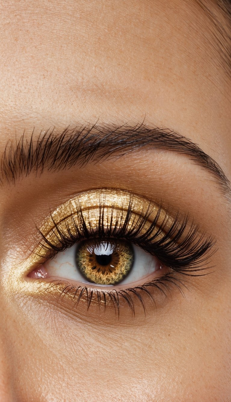 A close-up of a golden eye with shimmering metallic eyeshadow and long, fluttery lashes