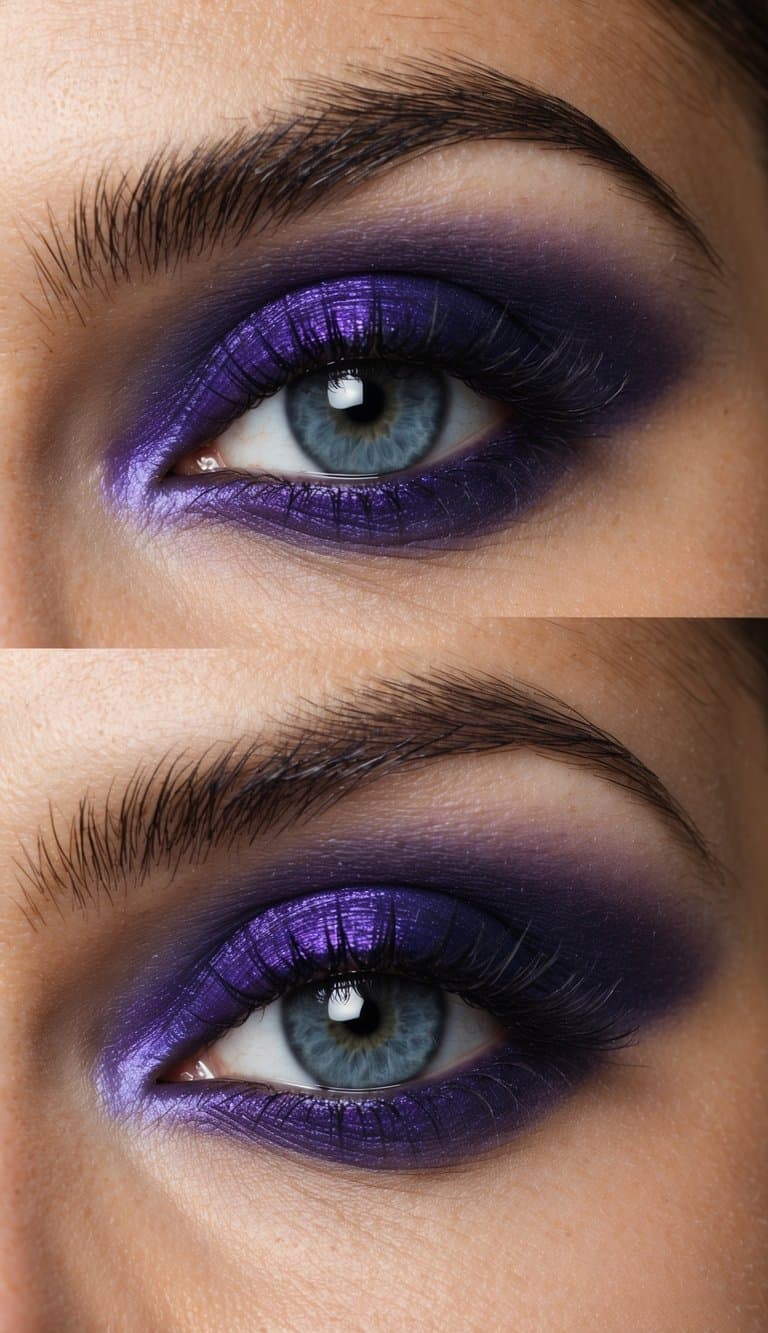 A close-up of indigo and purple eyeshadow blending together in a glamorous and captivating eye makeup look