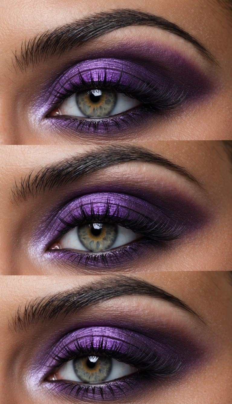 A close-up of sultry purple eye makeup with various shades and textures, creating a captivating and alluring look