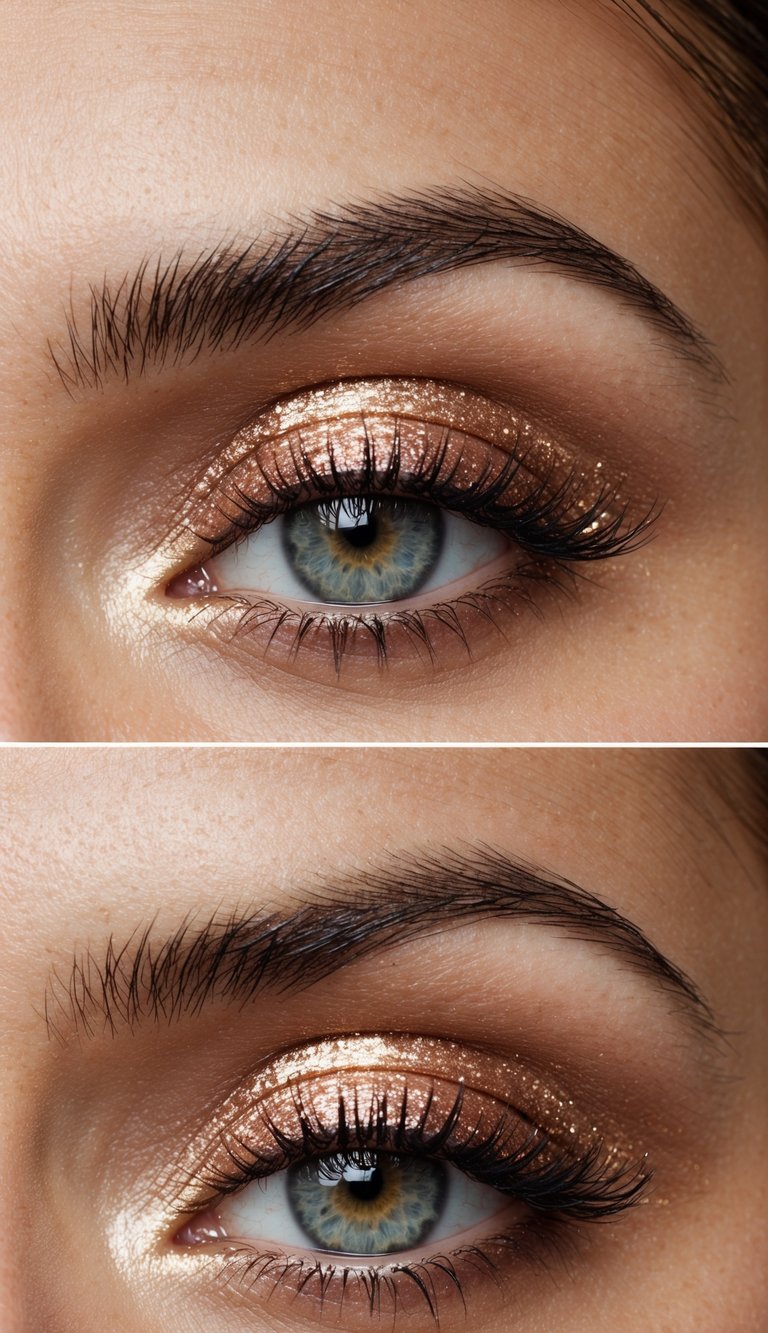 A close-up of an eye with shimmering rose gold and gold eye makeup, sparkling and glamorous