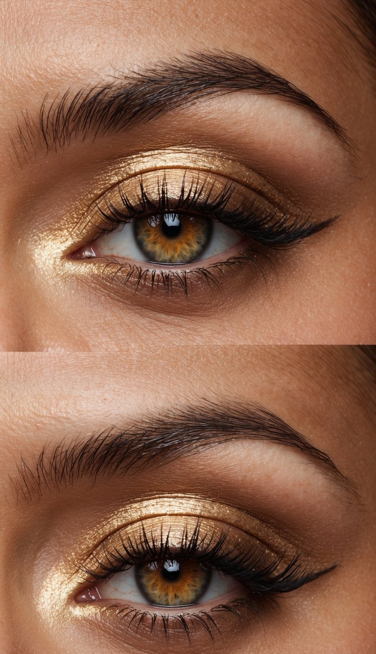 A close-up of a warm gold ombre eye with shimmering metallic shades