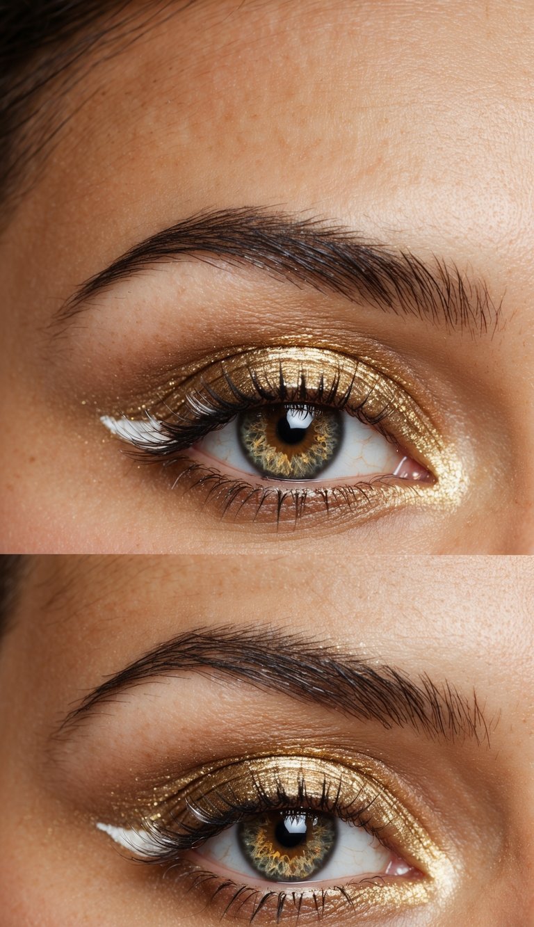 A close-up of a gold eye with shimmering metallic eyeshadow and white highlights