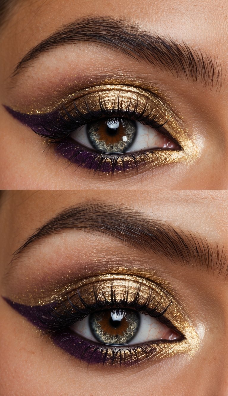 A close-up of a gold and purple smoky eye with shimmering metallic accents
