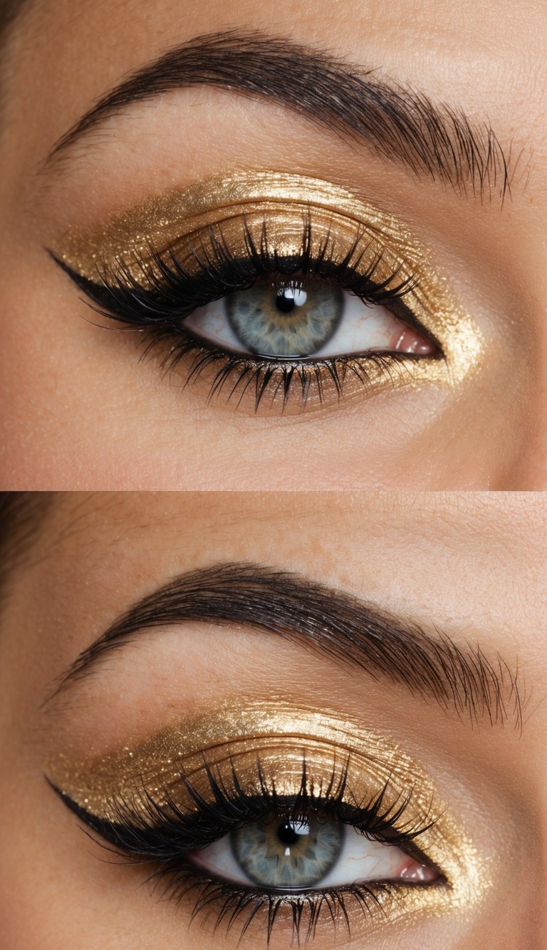 A close-up of a glamorous gold cat eye makeup look with shimmering metallic gold eyeshadow and precise winged eyeliner