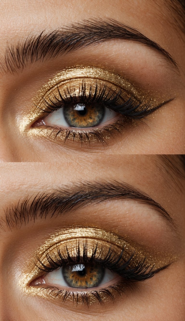 A close-up of a golden eye with shimmering metallic eyeshadow and intricate detailing