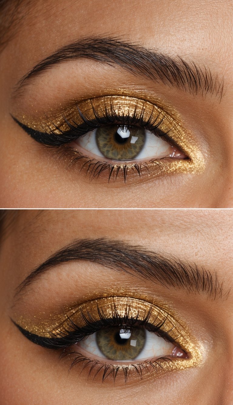 A close-up of a golden olive eye with shimmering gold eyeshadow and eyeliner, highlighted with a touch of glamour
