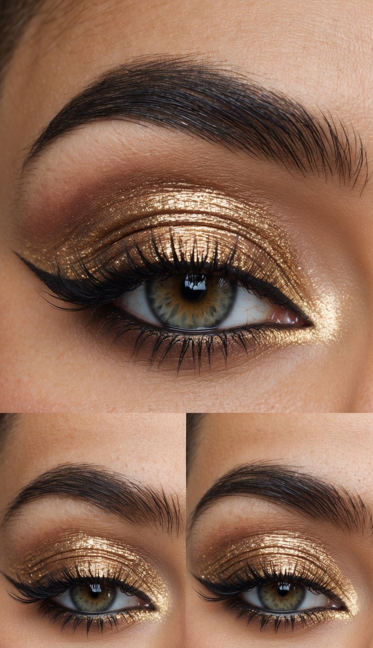 A close-up of a gilded rose cut crease eye makeup look with shimmering gold eyeshadow and intricate detailing