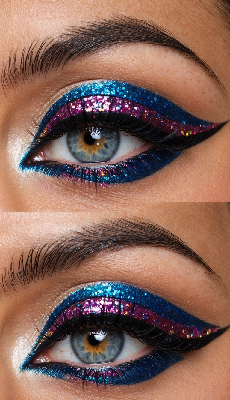 A close-up of a glittery winged eyeliner look with vibrant, bold colors