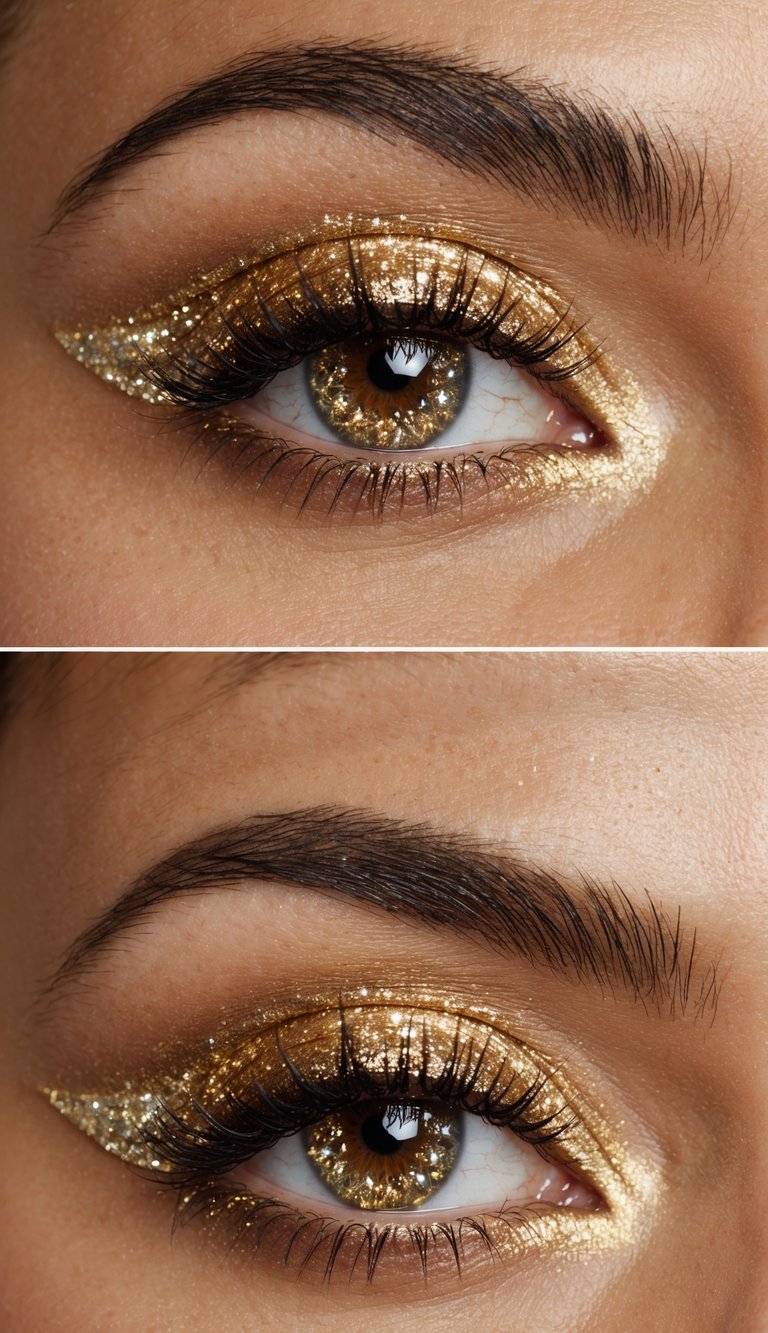 A close-up of a golden eye makeup look with glitter and shimmering metallic accents