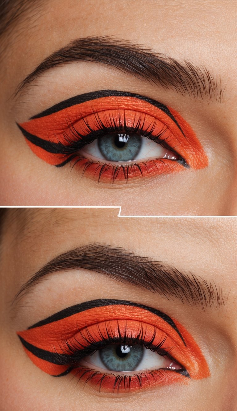 A close-up of vibrant coral eyeshadow in bold, artistic patterns