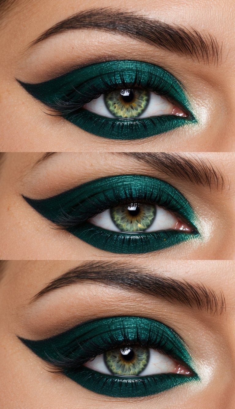 An emerald green cat eye makeup look with bold, vibrant colors