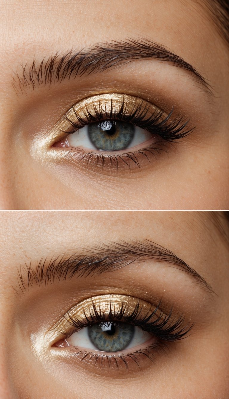 A close-up of a sleek champagne eye with shimmering gold eyeshadow