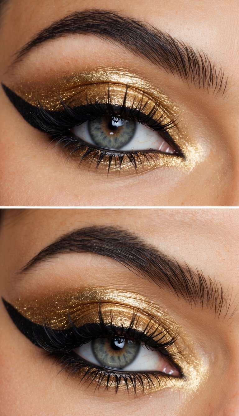 A close-up of a golden smoky eye with a twist, featuring shimmering metallic gold eyeshadow and dramatic eyeliner, creating a glamorous and alluring look