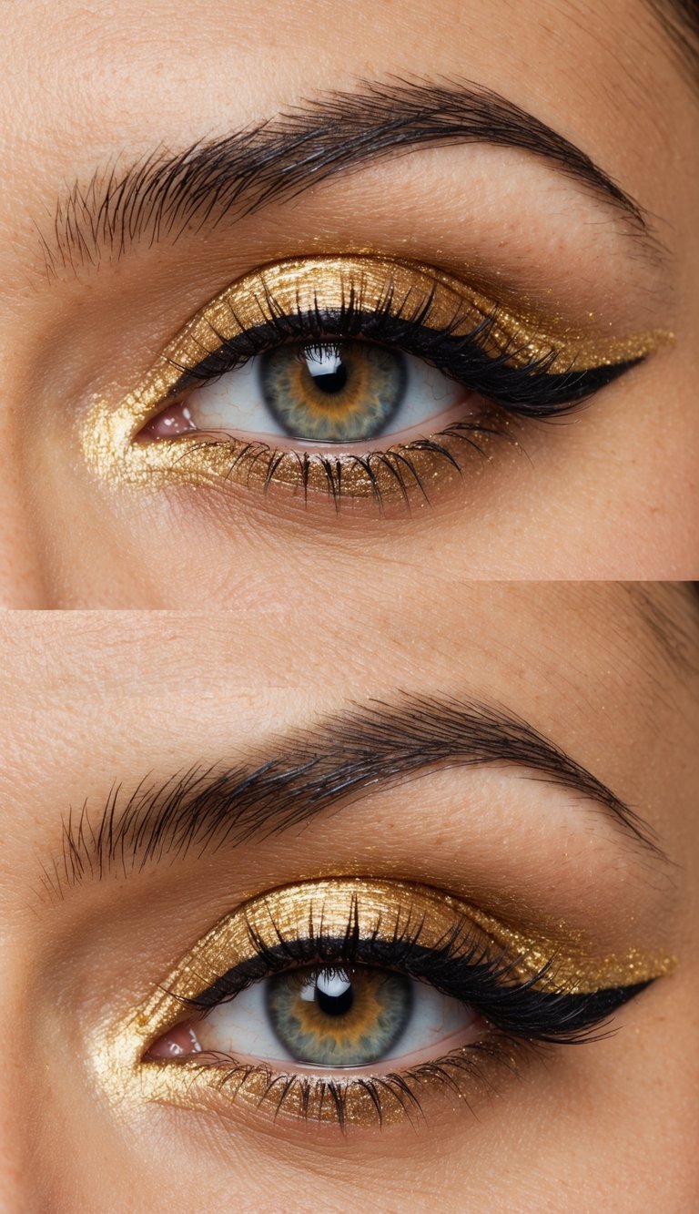 A close-up of a golden eye with shimmering gold eyeliner and eyeshadow, creating a glamorous and radiant look