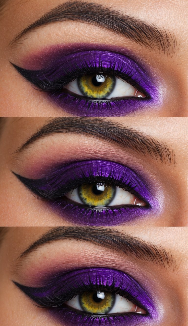 A close-up of a royal purple eye with bold and vibrant makeup, showcasing daring and vibrant colors