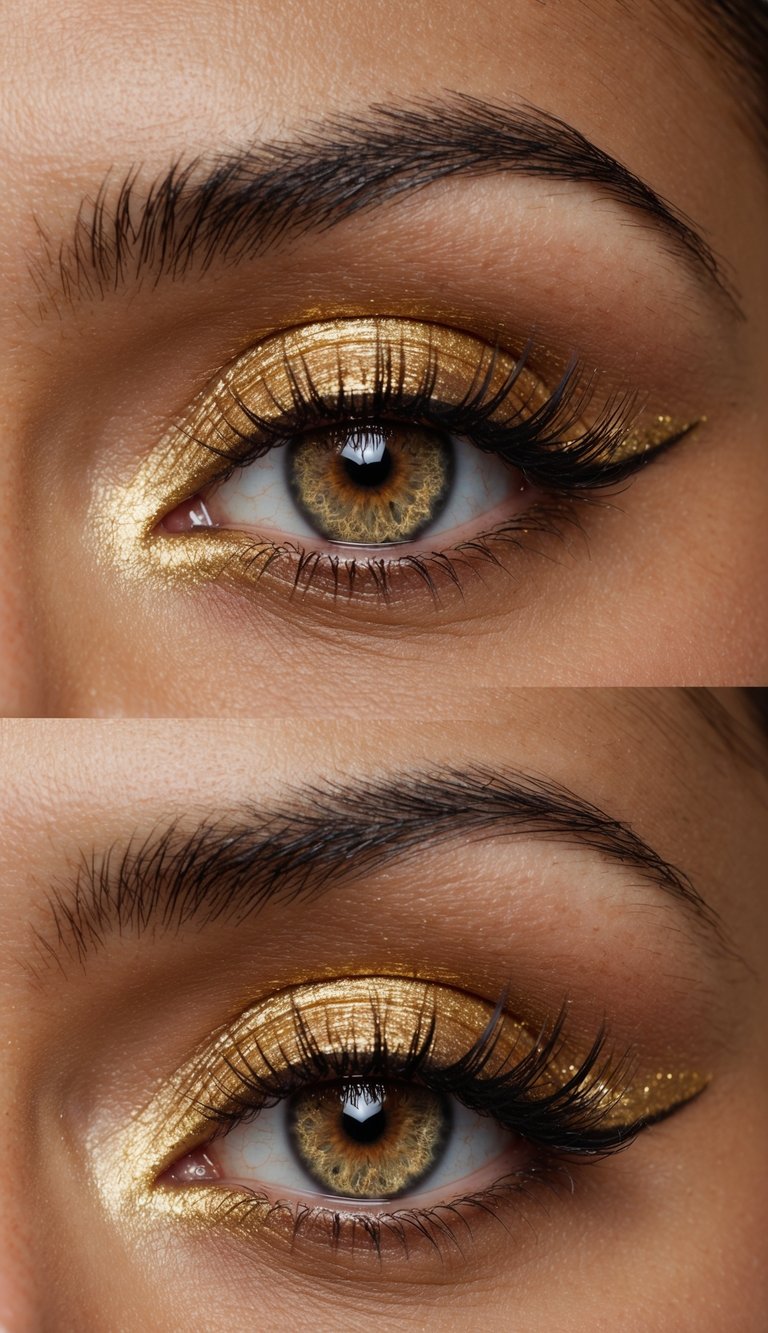 A close-up of a golden eye with shimmering makeup, set against a dusky background
