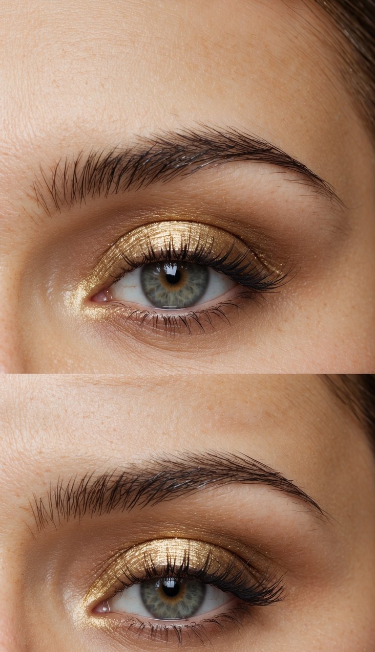 A close-up of a single eyelid with a subtle gold eye tint, shimmering under soft lighting