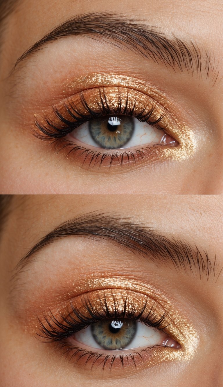 A close-up of an eye with glistening gold and coral eyeshadow, shimmering under soft lighting
