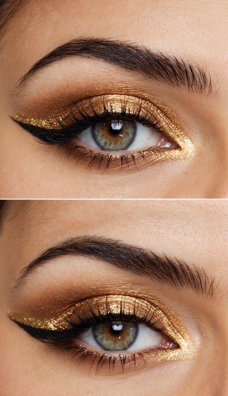 A close-up of a golden bronze eye with shimmering gold eyeshadow and eyeliner, highlighting the glamorous makeup idea