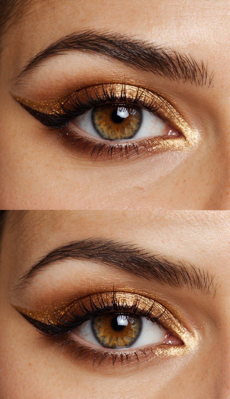 A close-up of a golden eye with shimmering bronze accents