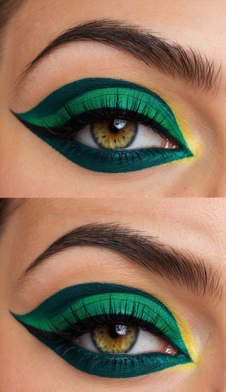 Vibrant green cut crease eye makeup with bold, electric colors