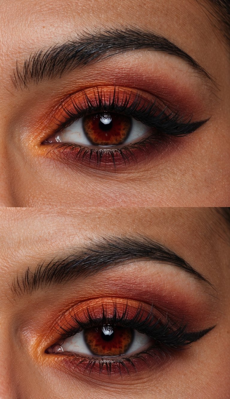 A close-up of a rust red smokey eye with bold, vibrant colors and dramatic shading