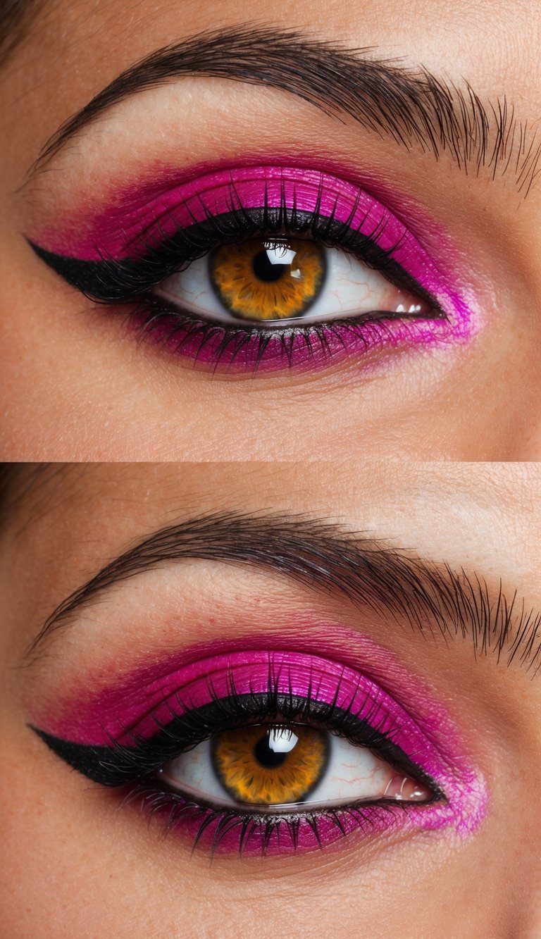 A pair of eyes with bright magenta shadow and bold eyeliner, surrounded by vibrant colors